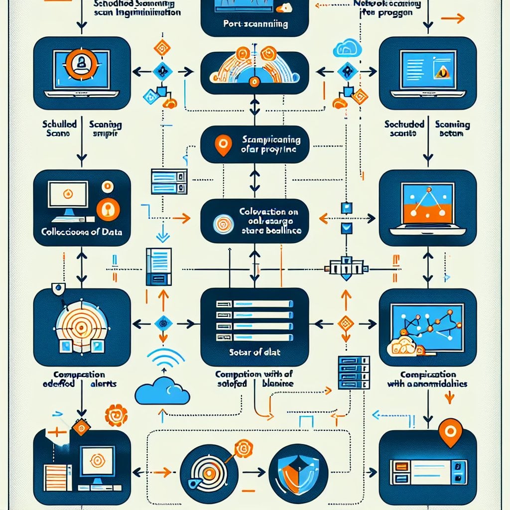 Automated port scanning workflow diagram showing scheduled scans and alerts