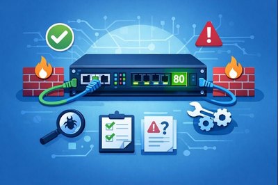 Illustration of a computer server with port 80 highlighted, connected network cables, firewall icons, and troubleshooting symbols in a blue and green modern flat design