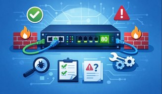 Illustration of a computer server with port 80 highlighted, connected network cables, firewall icons, and troubleshooting symbols in a blue and green modern flat design