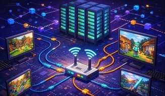 Minecraft server setup with router and network connections illustration