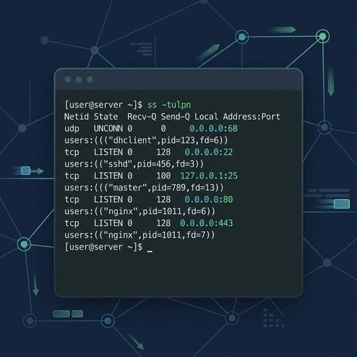 Linux terminal showing open ports with ss and netstat commands