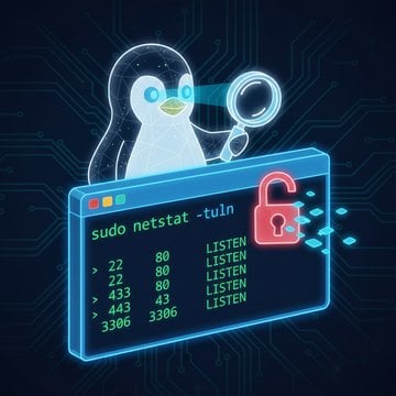 Linux terminal showing open ports with ss and netstat commands