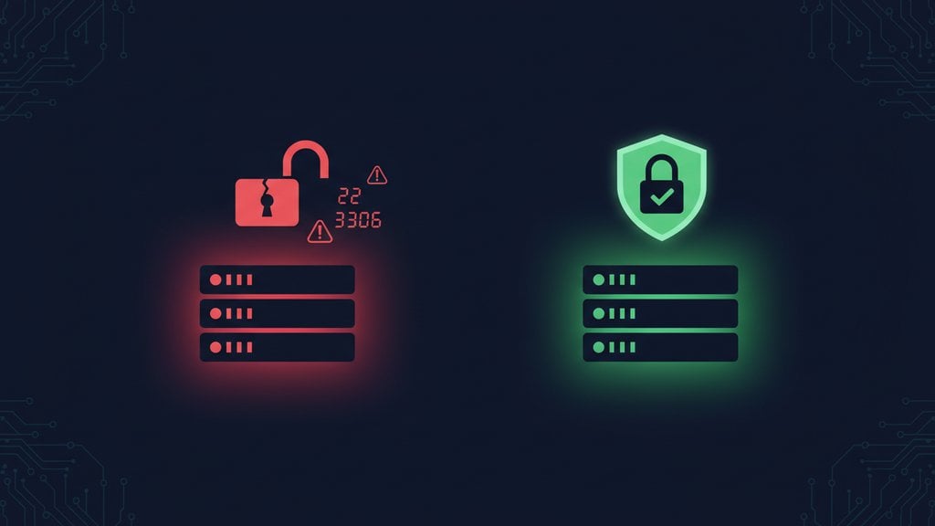 Two servers side by side showing exposed ports with red warning icons versus a secured server with green shield and closed padlock