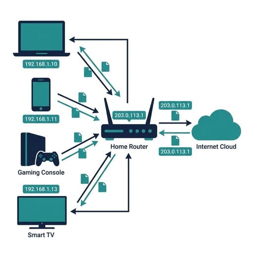 NAT types explained - diagram showing how a NAT router handles network address translation for multiple devices