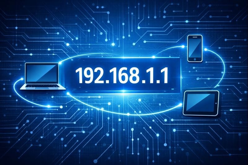 Modern digital network illustration showing an IP address displayed at the center with connected devices and glowing network lines