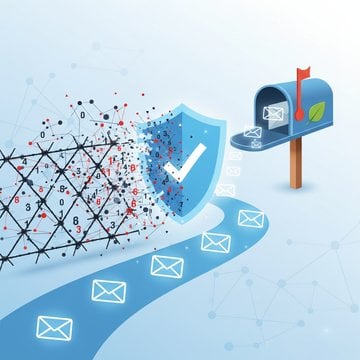 Ilustrasi konsep keamanan email dengan amplop, tanda centang hijau, X kuning, rantai putus, gembok, dan server cloud