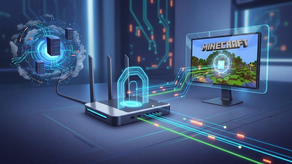 Ilustrasi pengaturan server Minecraft dengan router dan koneksi jaringan