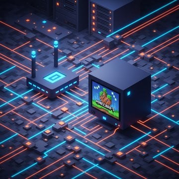 Ilustrasi pengaturan server Minecraft dengan router dan koneksi jaringan