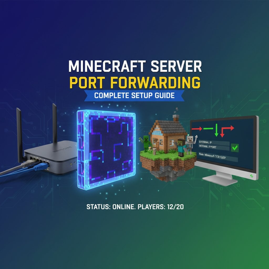 Minecraft server setup with router and network connections illustration