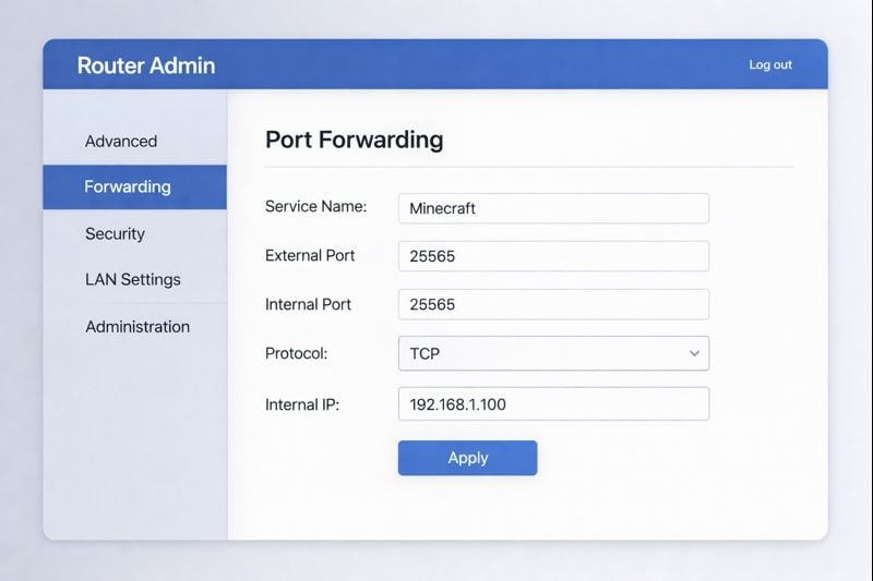 Router configuration screen showing Minecraft server port forwarding settings