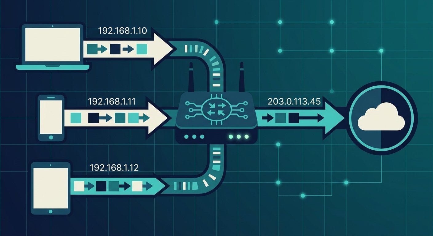 NAT router translating private IP addresses to a single public IP for network address translation