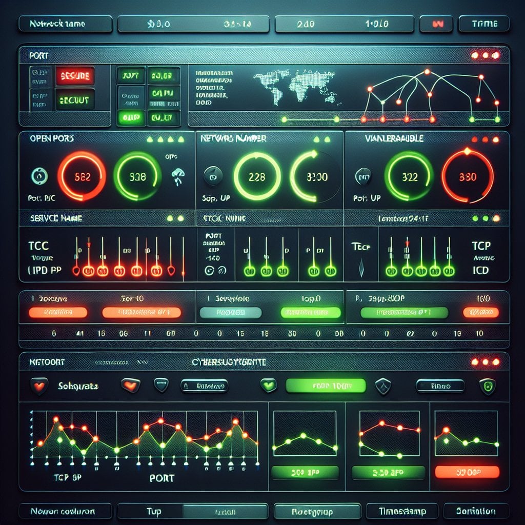 Network port monitoring dashboard showing open ports and security status