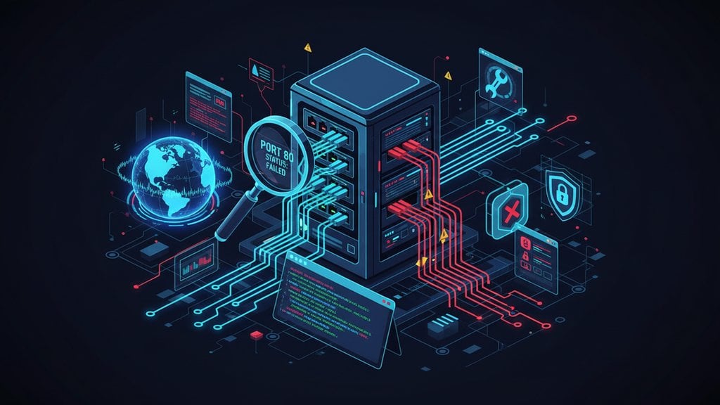 Panduan troubleshooting port HTTP 80 menampilkan koneksi jaringan, alat diagnostik server, dan konfigurasi port dalam ilustrasi teknologi digital