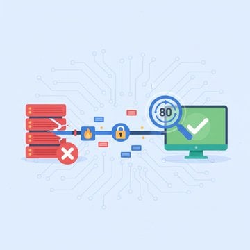 HTTP port 80 troubleshooting guide showing network connections, server diagnostic tools, and port configuration in a digital tech illustration