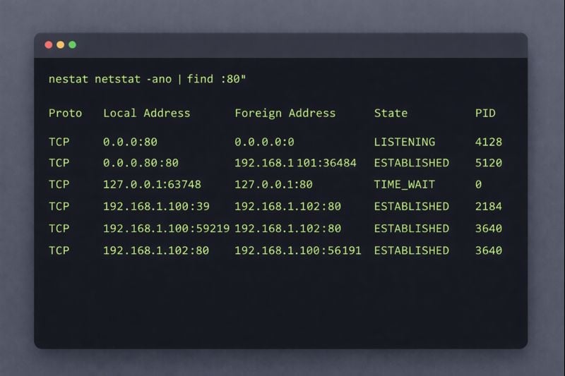 Terminal showing netstat command results for port 80 check