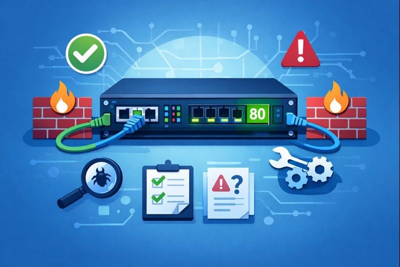 Illustration of a computer server with port 80 highlighted, connected network cables, firewall icons, and troubleshooting symbols in a blue and green modern flat design