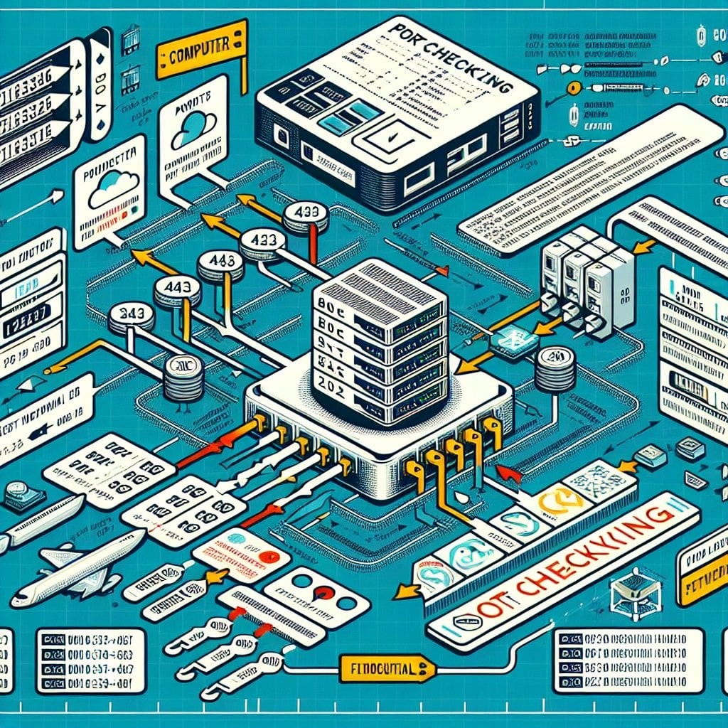 Technical diagram showing port checking process and network communication
