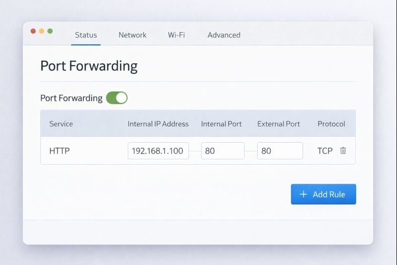 Router admin panel showing port 80 forwarding setup