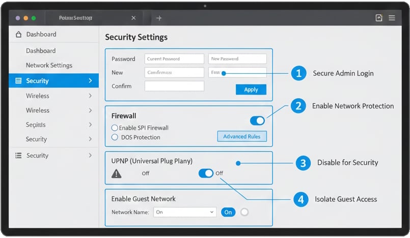 Router administration interface showing important security settings and configuration options