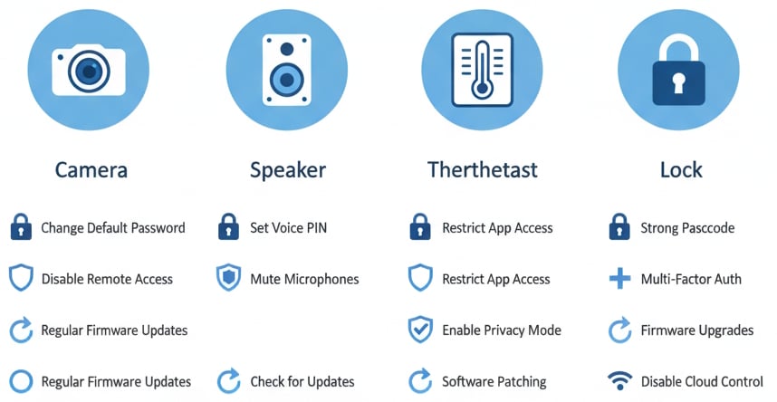 Security checklist infographic for smart cameras, speakers, thermostats and smart locks