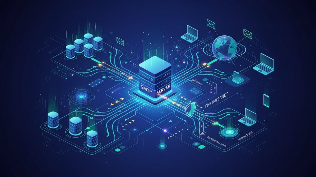 Ilustrasi konsep keamanan siber menampilkan autentikasi, server aman dengan ikon perisai dan kunci, serta port server terhubung oleh jalur sirkuit pada latar biru gelap