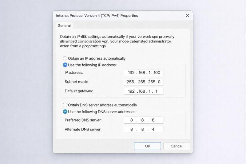Windows network settings showing static IP configuration for Minecraft server